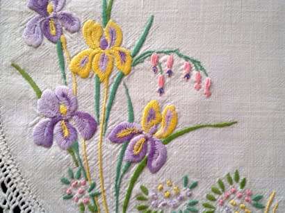 Oval white linen hand embroidered tray cloth
