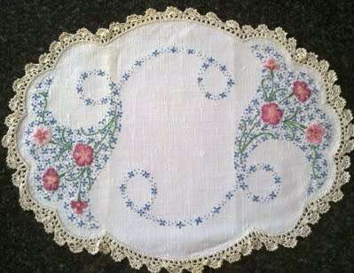 Vintage white linen hand embroidered tray cloth