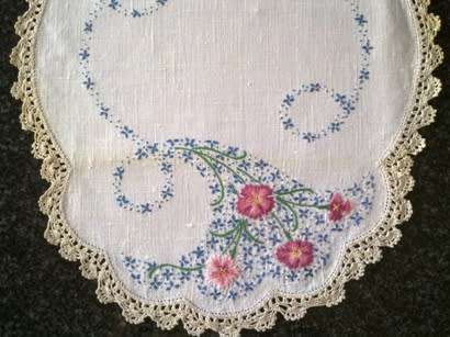 Vintage white linen hand embroidered tray cloth