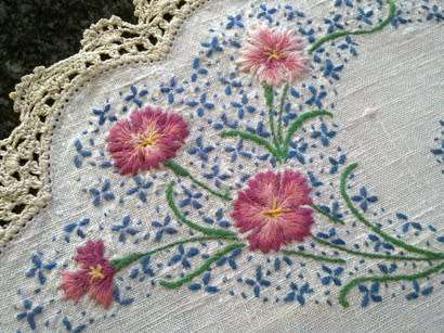 Vintage white linen hand embroidered tray cloth