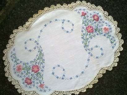 Vintage white linen hand embroidered tray cloth