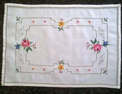 Pretty vintage linen cross stitch tray cloth