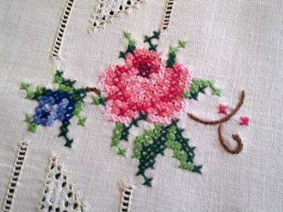 Pretty vintage linen cross stitch tray cloth