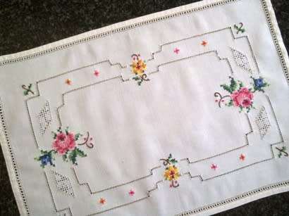 Pretty vintage linen cross stitch tray cloth