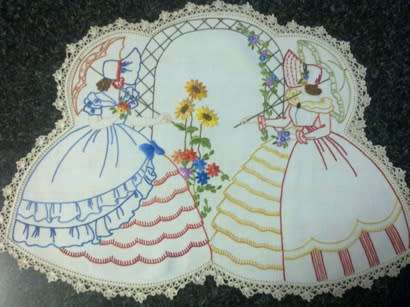 Vintage hand embroidered three piece dresser set