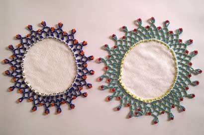 Pair of vintage glass beaded doilies 19 x 20cm