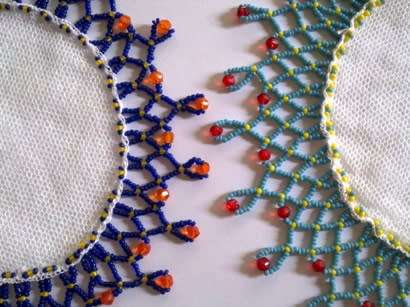 Pair of vintage glass beaded doilies 19 x 20cm