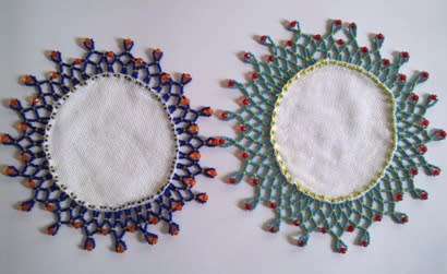 Pair of vintage glass beaded doilies 19 x 20cm