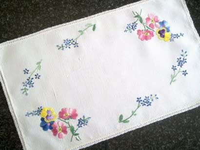 Small hand embroidered linen tray cloth 23 x 38cm