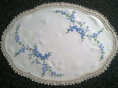 Lovely hand embroidered ivory linen tray cloth 35 x 49cm