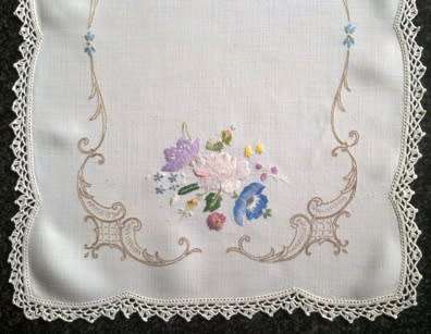 Elegant vintage white linen hand embroidered tray cloth 34 x 48cm