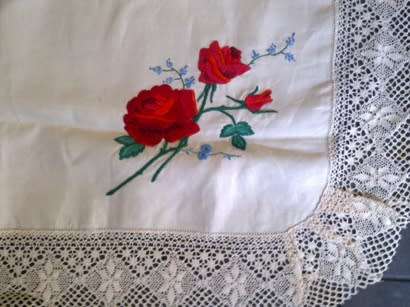 Gorgeous Irish linen hand embroidered small tablecloth