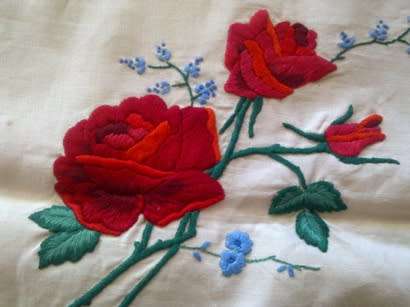 Gorgeous Irish linen hand embroidered small tablecloth