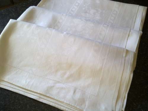 Lovely large vintage white French Damask linen tablecloth