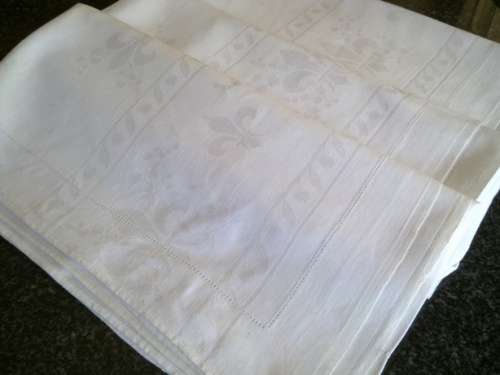 Lovely large vintage white French Damask linen tablecloth