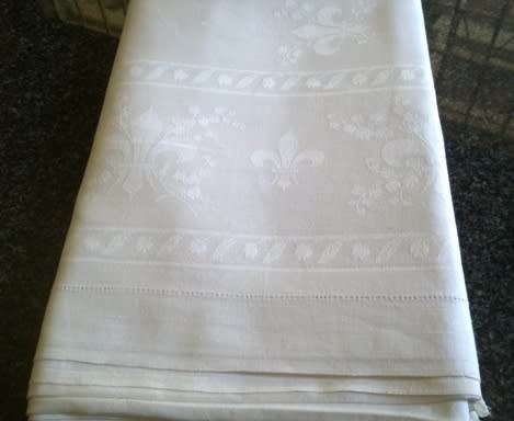 Lovely large vintage white French Damask linen tablecloth