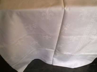 Lovely large vintage white French Damask linen tablecloth