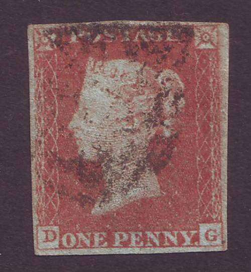 GB- QV  1841  PENNY RED IMPERFORATED "D-G" white paper  VF used