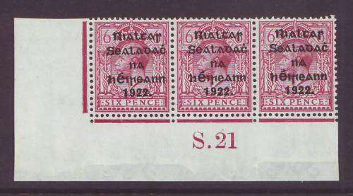 IRELAND - 1922 Second Overprint  6d reddish-purple PLATE S.21 strip of three *MM/UM**