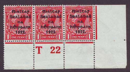 IRELAND - 1922 Second Overprint  1d red  PLATE T22  strip of three **UM**