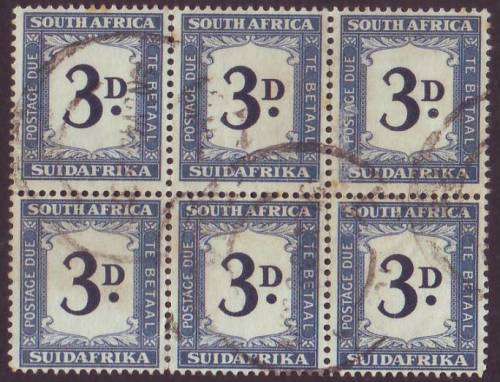UNION -  Postage Due 1948 3d pair dark blue and blue. Block of six  VF USED  SACC 36