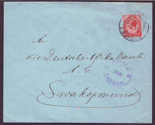SWA - South Africa occupation 1918 Kings head 1d used on censored cover from KARIBIB to SWAKOPMUND