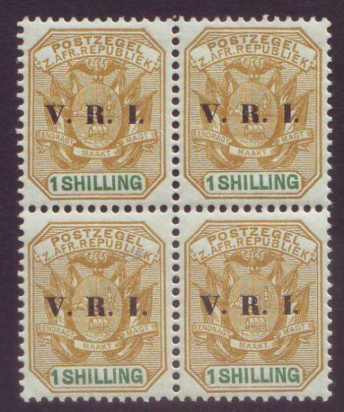 TRANSVAAL - 1900  1s ochre and green overprinted VRI, block of four **UM**