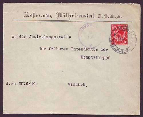 SWA - South Africa occupation - 1918 Kings head 1d  used on censored cover from KARIBIB to Windhoek