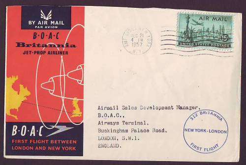 FLIGHT COVER - 1957 BOAC Brittania First Flight New York to London 15c US Airmail