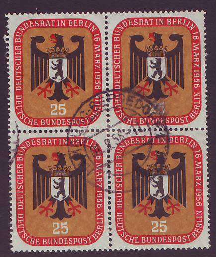 GERMANY - WEST BERLIN  1956 Federal Council Issue 25pfg block of four VF USED