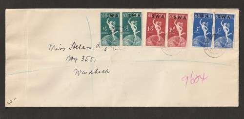 SWA - 1949  U.P.U. `LAKE FLAW` variety on cover on first day of issue