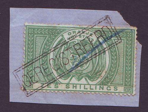ORANGE FREE STATES -  1878  6s green used on piece  SACC F10 (BAREFOOT 70)