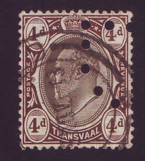 TRANSVAAL - 1902  KE VII  4d Perfinned for Fiscal use   VF USED