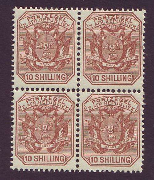 TRANSVAAL - 1895  10s chestnut . Block of four **UM**