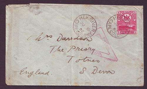 BOER WAR  - COVER CENSORED  - 1902 Censored cover to ENGLAND  with scarce "Hex River" pmk