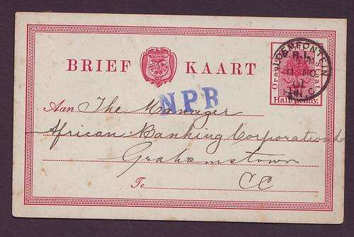 BOER WAR  - 1901 OFS  1/2d postal stationery card overprinted V.R.I with NPR cachet