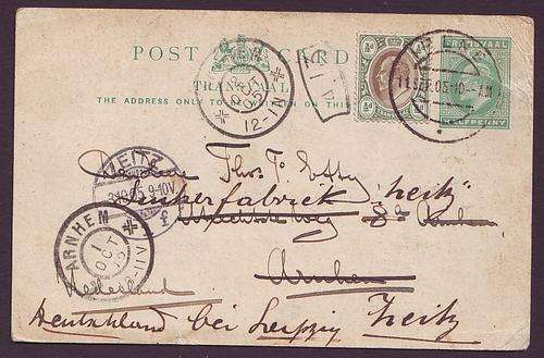 POSTAL HISTORY  -  KEVII  PC Transvaal 1/2d uprated and re-addressed  to Germany with "IRENE" pmk