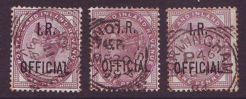 GB - QV OFFICIAL - 1882 1d overprinted "I.R. OFFICIAL" x 3