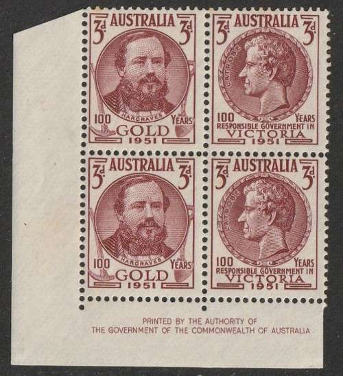 AUSTRALIA - 1951 Discovery of Gold Issue Inscriptional se-tenant block of 4 **MNH**