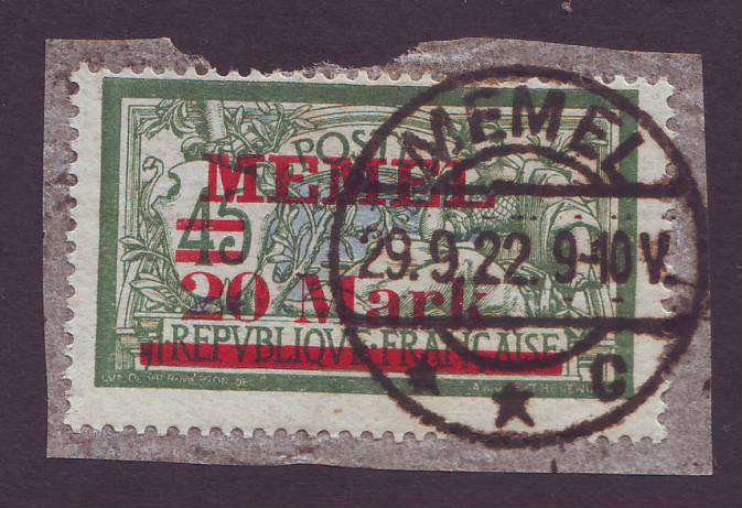 GERMANY - MEMEL OCCUPATION 1921 Overprinted issue and Surcharged 20 Mark green on piece SUPERB