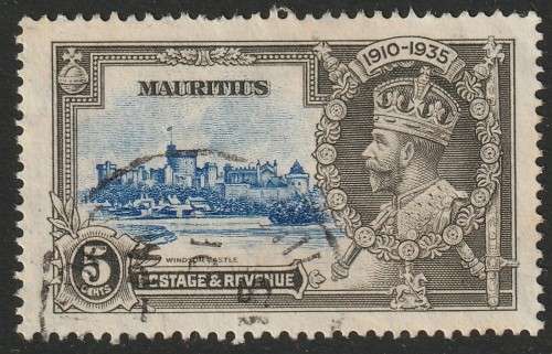 MAURITIUS - 1935 KGV  5c grey & ultramarine with `Broken mast` variety  VF USED