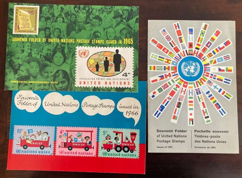 3 Souvenir Folders of United Nations Postage Stamps (Including scarce 1961 edition)