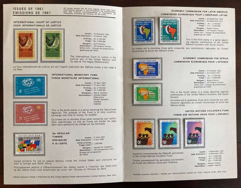 3 Souvenir Folders of United Nations Postage Stamps (Including scarce 1961 edition)