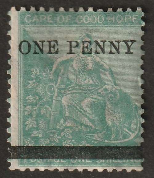 CAPE of GOOD HOPE  - 1876  1s green surcharged ONE PENNY  SACC 28 VF USED