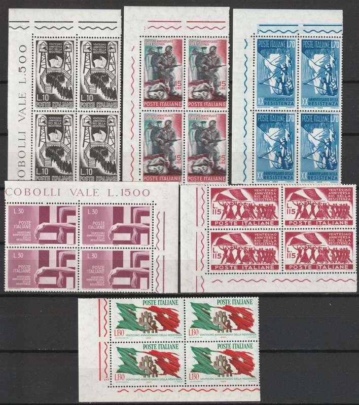 ITALY - 1965  Resistance Movement Issue   Complete set in corner blocks of 4   **MNH**