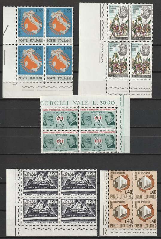 ITALY - 1965  Five Commemoratives Issues in corner blocks of 4   **MNH**