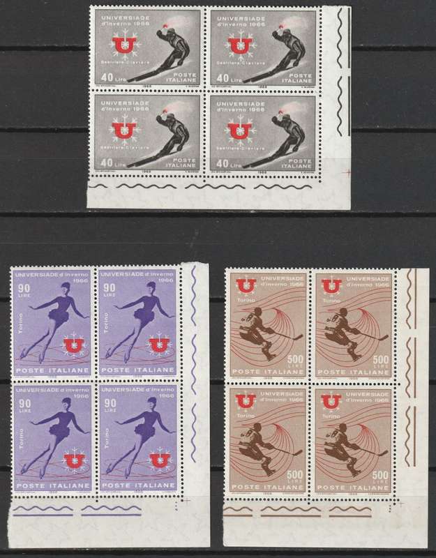 ITALY - 1966 Winter University Games Issue   Complete set in corner blocks of 4   **MNH**