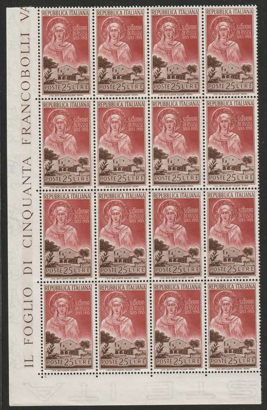 ITALY -  1953 St. Clare of Assisi Issue  Stunning marginal block of sixteen **MNH**