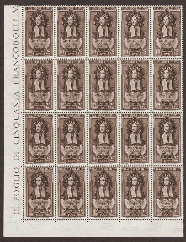 ITALY -  1953 Arcangelo Corelli Issue  Stunning marginal block of 20 **MNH**