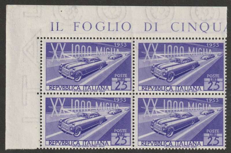 ITALY -  1953  1000 Miles Race Issue 25 Lire violet Marginal block of four **MNH**